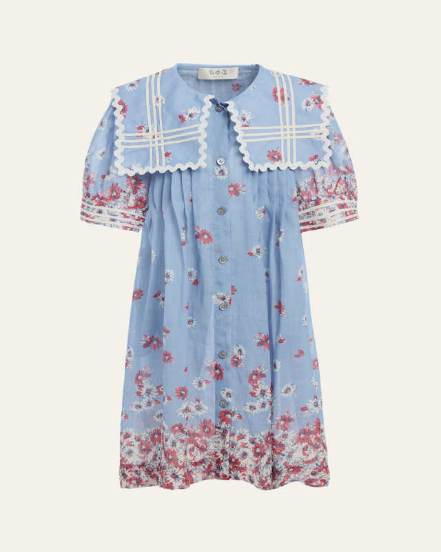Girl's Floral-Print Bib Collar Dress, Size 2-14